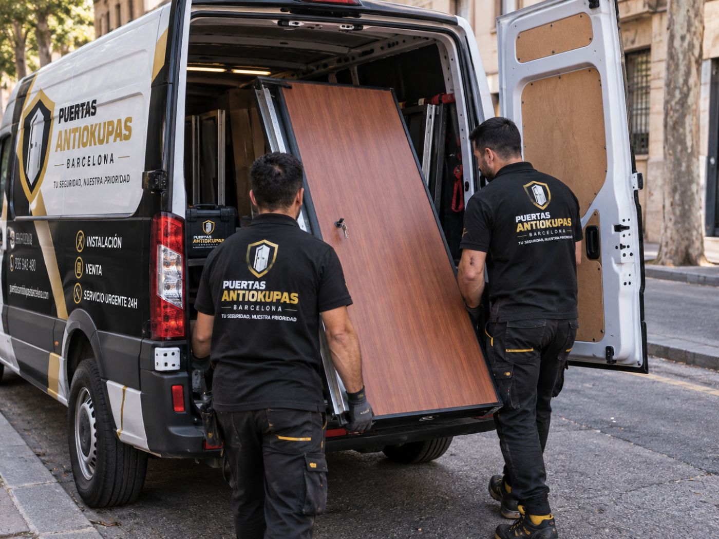 Equipo cargando una puerta antiokupa